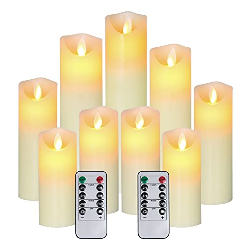 RY King Set of 9 Pillar Real Wax Flameless LED Battery Operated Electric Flickering Candles with Remote Control Timer for Wedding Birthday Christmas Decorations