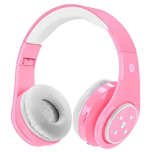 Kids Wireless Bluetooth headphones Volume Limited 85db Stereo Sound Over-Ear Foldable Lightweight Children headphones with Mic SD Card Slot up to 6-8 hours play time for Boys Girls Adults (Pink)