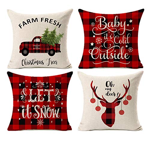 Kithomer Christmas Pillow Covers Set of 4 Christmas Buffalo Plaid Farmhouse Decor Throw Pillow Cases Cushion Cover 18 x 18 Inch Christmas Decoration