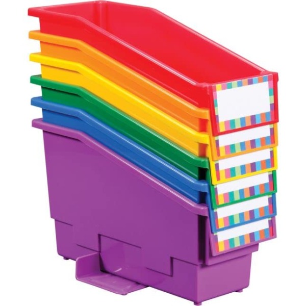 Really Good Stuff Non-Tip Book and Binder Holders, 5½” by 13½” by 7¾” (Set of 6, Rainbow) – Home School. Book, Magazine, Folder Bins with Stabilizer Wings and Label Holder – Durable, Won’t Fall Over