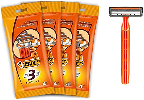 BIC 3 Sensitive, Men’s Disposable Razors, Fixed Head Triple Blade for a Close Shave, Bundle of 4 Packs of 4