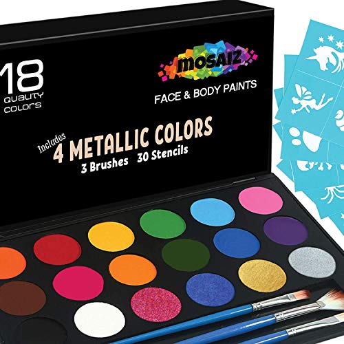Mosaiz Facepaints Makeup Palette, Facepaint and Body Paint Set, Makeup Kit for Kids Party and Purim Costumes, Make up for Kids and Adults Professional, 18 Colors, 4 Metallic, 3 Brushes 30 Stencils