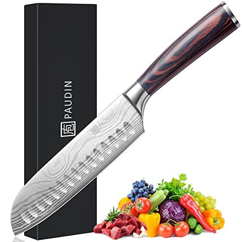 PAUDIN Chef Knife 7 inch Santoku Knife Ultra Sharp Japanese Kitchen Knives, High Carbon Stainless Steel & Pakkawood Handle Chefs Knifes Chopping Knife for Meat Vegetable Fruit with Gift Box