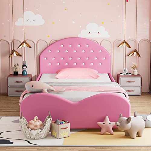 HONEY JOY Kids Twin Bed Frame with Headboard, Toddler Upholstered Platform Bed with Slatted Bed Base, No Box Spring Needed, Princess Wooden Single Bed for Baby Girls, Twin Size in Pink
