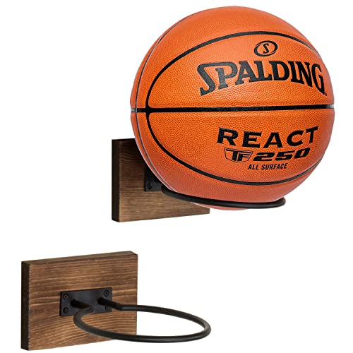 MyGift Wall-Mounted Sport Ball Rack Display Holder – Solid Brown Wood and Metal Hanging Gym Basketball Football Volleyball Soccer Ball Equipment Storage, Set of 2