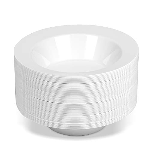BloominGoods 50 Large Disposable White Plastic Soup Bowls | 14 oz. Premium Heavy Duty Disposable Dinnerware with Real China Design (50-Pack)