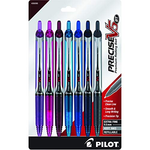 PILOT 26095 Precise V5 RT Refillable & Retractable Premium Rolling Ball Pens, Extra Fine Point (0.5mm), Assorted Colors, 7 count