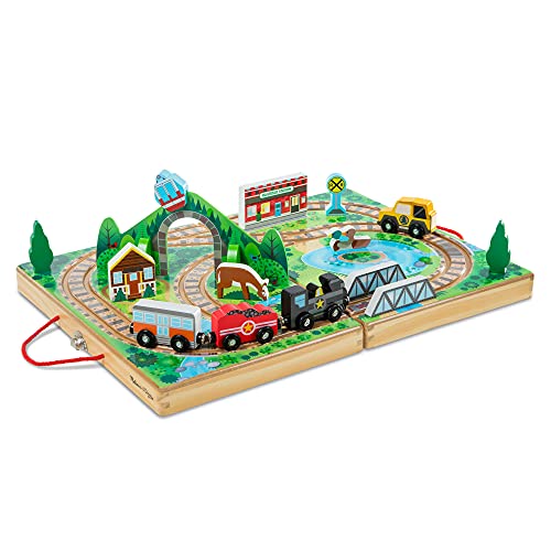 Melissa & Doug 17-Piece Wooden Take-Along Tabletop Railroad, 3 Trains, Truck, Play Pieces, Bridge – Wooden Train Sets For Kids Ages 3+
