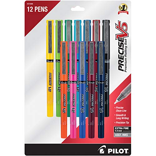 PILOT Precise V5 Stick Liquid Ink Rolling Ball Stick Pens, Extra Fine Point (0.5mm) Assorted Ink Colors, 12-Pack (31888)