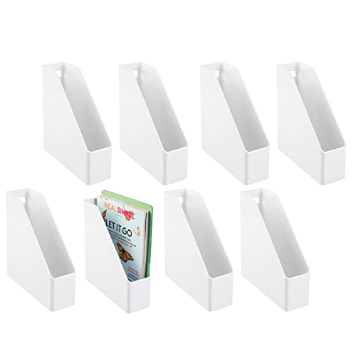 mDesign Plastic Slim Vertical File Folder Storage Organizer Bin with Handle, Hold Notebooks, Binders, Envelopes, Magazines for Home Office, Work Desktops, Ligne Collection, 8 Pack, White
