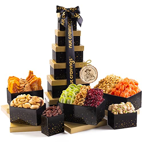 Nut Cravings Gourmet Collection – Dried Fruit & Mixed Nuts Gift Basket Black Tower + Ribbon (12 Assortments) Fathers Day Food Bouquet Platter, Bday Care Package Healthy Kosher Snack Box, Women Men