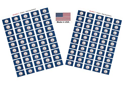 Made in USA! 100 Virginia 1.5″ x 1″ Self Adhesive State Flag Stickers, Two Sheets of 50, 100 Virginia Sticker Flags Total