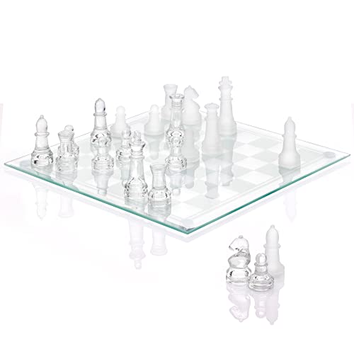 Srenta Fine Glass Chess Set Game, Modern Clear Chess Set, Deluxe Chess Set Glass Chess Board Set with Solid Clear & Frosted Chess Glass Pieces | 9.7’’ Crystal Chess Boards Sets, Felt Padding Included