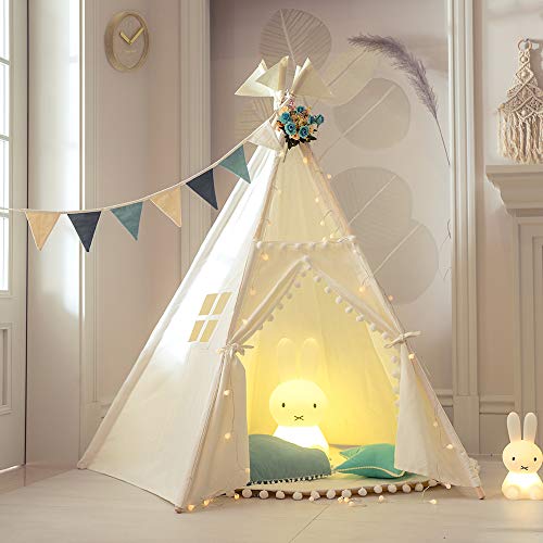 TreeBud Kids Teepee Play Tent with Mat Indoor Outdoor Five Poles Indian Tents Toddlers Boys Girls Playhouse Pompom Lace Cotton Canvas Tipi with Carry Bag