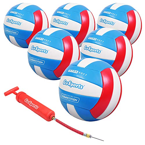 GoSports Soft Touch Recreational Volleyball 6 Pack – Regulation Size for Indoor or Outdoor Play, Includes Ball Pump & Carrying Bag