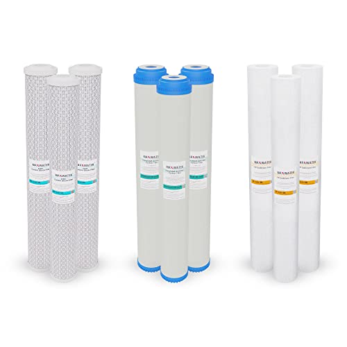 (9 Pack) Max Water Whole House Water Filter Set 20″ x 2.5″ Polypropylene Sediment, GAC Carbon, CTO Carbon Set compatible with most Slim Blue Whole House systems