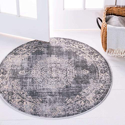 Unique Loom Leila Collection Traditional, Distressed, Medallion, Border, High-Low Pile, Vintage Area Rug, 3′ 3″ x 3′ 3″, Gray/Ivory