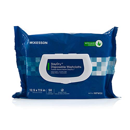 McKesson StayDry Disposable Wipes or Washcloths for Adults with Aloe, Incontinence, Alcohol-Free, 50 Wipes, 12 Packs, 600 Total