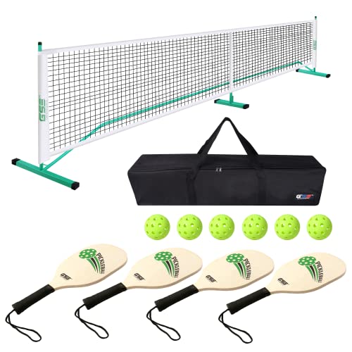 GSE Portable Pickleball Complete Net Set with Professional Pickleball Net, 4 Pickleball Paddles, 6 Pickleballs, Carrying Bag for Outdoor(Green)