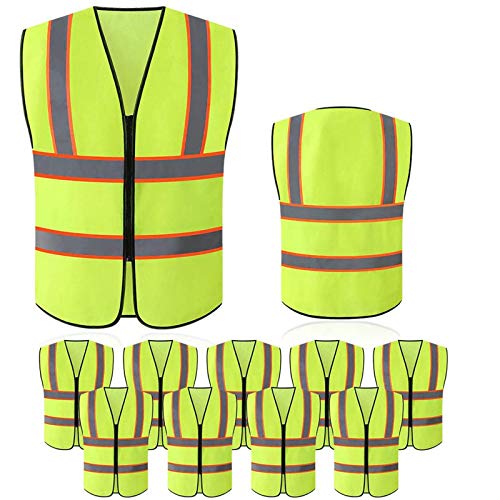Tekware Safety Vest with High Reflective Strips, Pack of 10 Bright Neon Color Construction Protector with Zipper, Size XL