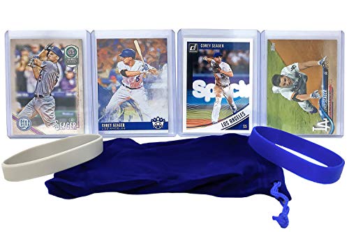 Corey Seager Baseball Cards (4) ASSORTED Los Angeles Dodgers Trading Card and Wristbands Gift Bundle