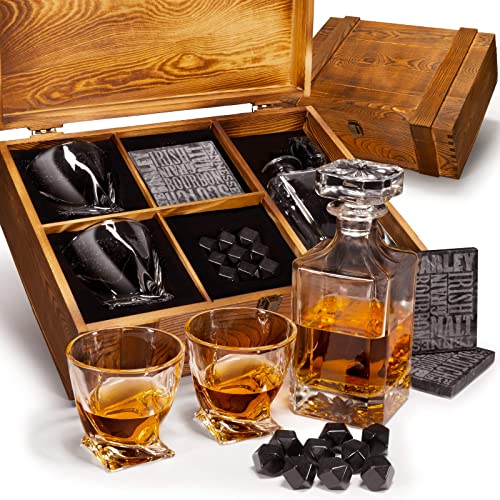 Atterstone Whiskey Decanter Crate Set for Men and Women – Whiskey Decanter, 2 Swirl Glasses, 9 Chilling Whisky Stone, 2 Coaster, Crate Pinewood Box, Gift for Holidays, Father’s Day, Groomsmen, Wedding