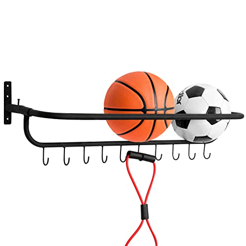 MyGift Black Metal Wall Mounted Basket Ball Holder and Sports Equipment Organizer with 10 Hanging Hooks / 32-Inch Storage Display Rack Shelf