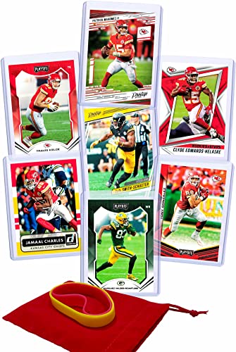 Kansas City Chiefs Cards: Mahomes, Kelce, Smith-Schuster, Valdes-Scantling, Edwards-Helaire, Jamaal Charles, Tony Gonzalez ASSORTED Football Stars & Legends Trading Card & Wristbands Bundle
