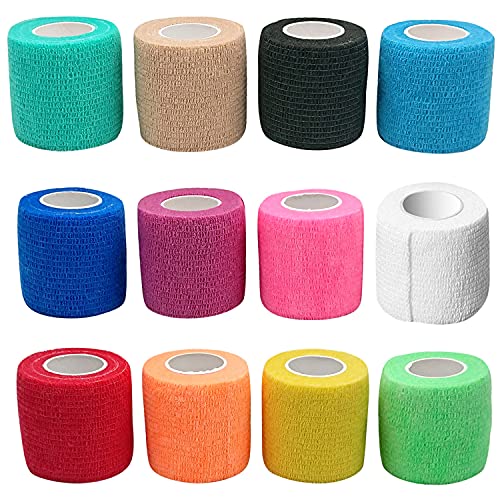 Self-Adhesive Cohesive Wrap Bandage Tape by MANSHU, Self-Adhesive Bandage Rolls,Elastic Non-Woven, 12 Rolls, 12 Colors (2Inches x 5Yards)