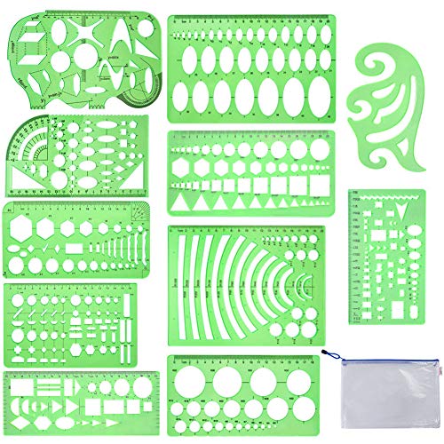 QincLing 11 Pieces Geometric Drawings Templates Stencils Plastic Measuring Template Rulers Clear Green Shape Template for Drawing Engineering Drafting Building School Office Supplies