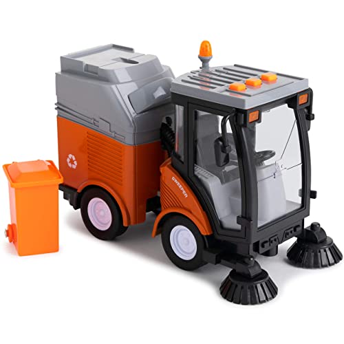 Toy To Enjoy Street Sweeper Truck with Light & Sound Effects – Friction Powered Wheels, Removable Garbage Can & Rotating Brushes – Heavy Duty Plastic Cleaning Vehicle Toy for Kids & Children