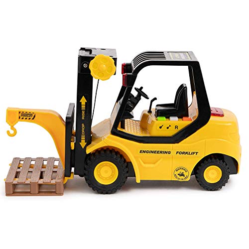 Toy To Enjoy Forklift Truck with Pallet & Cargo – Friction Powered Wheels & Manual Lifting Control – Heavy Duty Plastic Lifting Vehicle Toy for Kids & Children