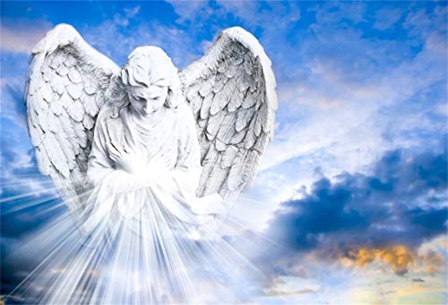 Laeacco 10x8ft Angel Wit Rays of Light Above The Heaven Backdrop Vinyl Blue Sky Angel Statue with Broad Wings Pentecost Background Church Bible School Event Activities Wallpaper Jesus Christian