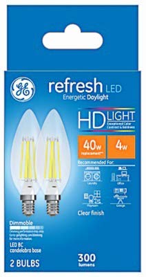 Refresh HD Decorative LED Light Bulbs, Candelabra-Base, Daylight, Clear, Dimmable, 300 Lumens, 4-Watts, 2-Pk.