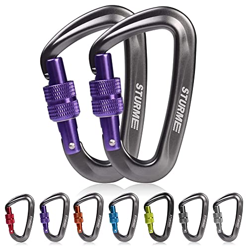 STURME Carabiner Clip 12KN Aluminium Wiregate Lightweight Heavy Duty Large Strong Durable D-Ring Hooks Spring Snap Link Keychain Clips Set for Hammock Improved Design 2022 (2PCS-Purple)