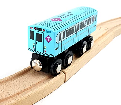 MUNI PALS Munipals New York City Subway Wooden Railway (Nostalgia Series) Bluebird 7 Train/World’s Fair Express–Child Safe and Tested Wood Toy Train