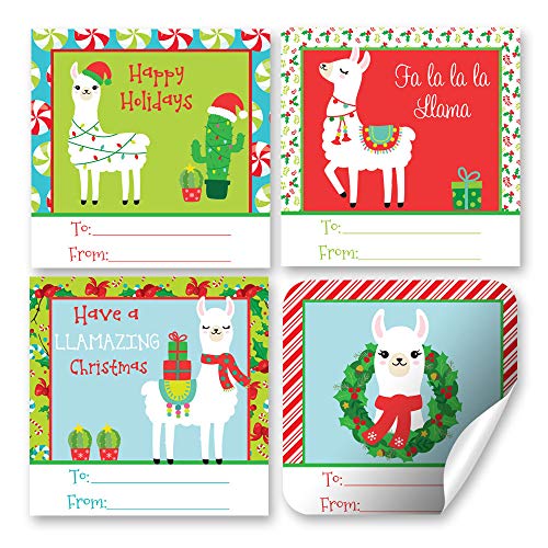 Llama Themed Christmas Tag Present Labels, Set of 12 Square 2.5 Inch Gift Tag Stickers by AmandaCreation