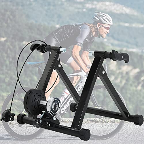 Bike Trainer Stand, Magnetic Bicycle Stationary Stand for Indoor Riding with Noise Reduction Wheel Portable Stainless Steel Cycling Exercise Trainer w/ 5 Levels Resistance for Road & Mountain Bikes