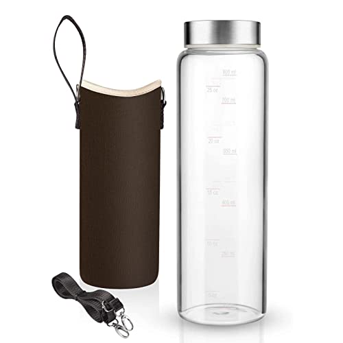 Sursip 32 oz Glass Water Bottle – Nylon Bottle Protection Sleeves, Stainless steel Lid, And 1L Time Marked Measurements, Reusable, Eco-Friendly, Safe for Hot Liquids Tea Coffee Daily