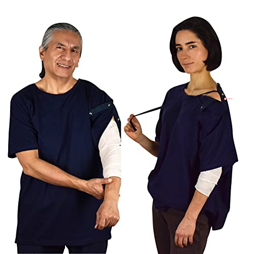 Uni-Sex Shoulder Surgery Recovery and Rehab Shirt with Discreet Shoulder Snaps(Blue,L)