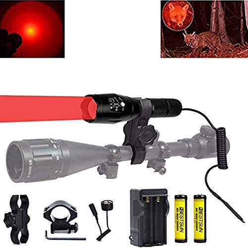 BESTSUN 350 Yard Red Light Predator Light Zoomable Long Range Night Hunting Coyote Varmint Light Tactical Hunting Led Flashlight with Pressure Switch, Picatinny & Scope Mounts, Rechargeable Batteries