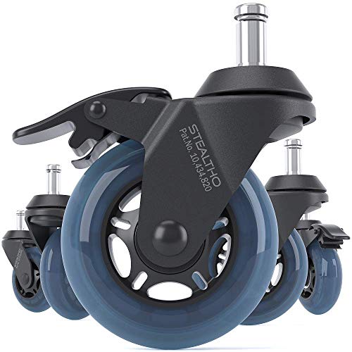 STEALTHO Patented Replacement Office Chair Caster Wheels Set of 5 – with 2 Brakes – Protect Your Floor – No More Chair Mat Needed – Blue Polyurethane – Quiet Rolling Over Cables – Standard Stem 7/16