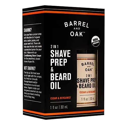 Barrel and Oak – Organic Shave Prep & Beard Oil, 2-In-1 Shave Oil for Men, Pre-Shave Oil or No Shave Oil, Essential Oil Protective Barrier, Nourish & Tame Facial Hair, Vegan (Cedar & Bergamot, 1 oz)