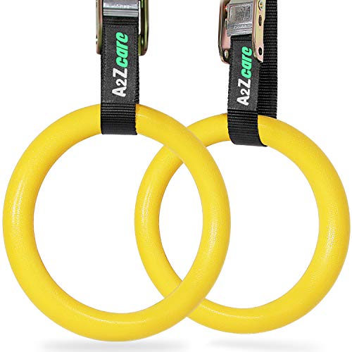 A2ZCARE Gymnastic Rings, Exercise Rings with Adjustable Buckle and Long Straps, Non-Slip Training Rings, Olympic Gym Rings for Home Gym Full Body Workout – Yellow ABS Plastic