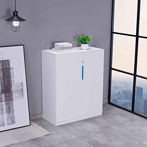 MECOLOR-Half Height Metal Office File Cabinet，Swing Door Metal Office Cabinet with Doors and Adjustable Shelves in White Color
