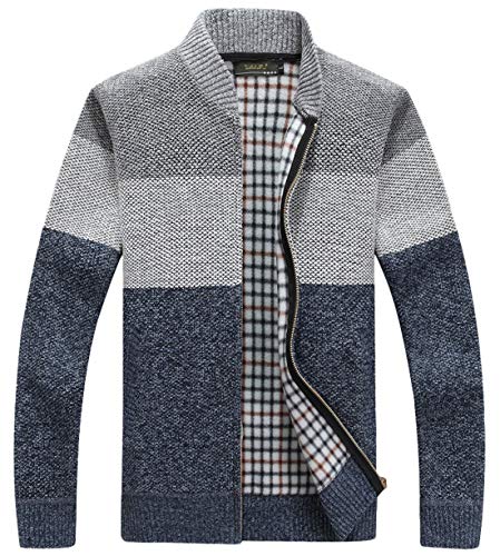 chouyatou Men’s Classic Band Collar Full Zip Color-Block Stripe Cable Knitted Cardigan Sweater Coat (Large, Grey)