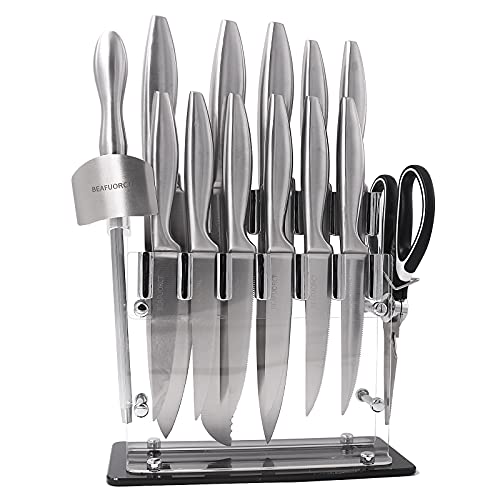 BEAFUORCT Block Knife Sets Stainless Steel With Sharpening 15 piece Acrylic Stand Steak Knives Set Professional Chef Knife and Scissors for Kitchen