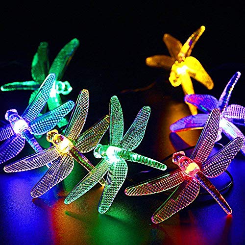 CIAOYE Dragonfly Solar String Lights, 30 LED 21ft 8 Modes Solar Powered Outdoor Waterproof Fairy Lighting for Christmas Trees Garden Patio Fence Wedding Party Decor, Multi Color