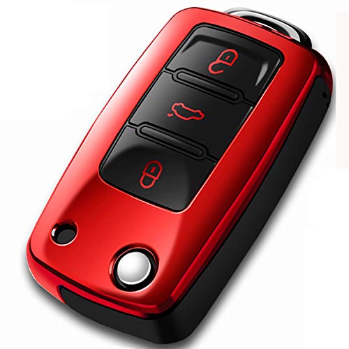COMPONALL for VW Key Fob Cover, Compatible for VW Beetle Passat Tiguan Touran Jetta MK1-MK6 Golf GTI/Rabbit/R/MK6/MK5 Premium Soft TPU Full Protection 3-Buttons Key Fob Shell, Red