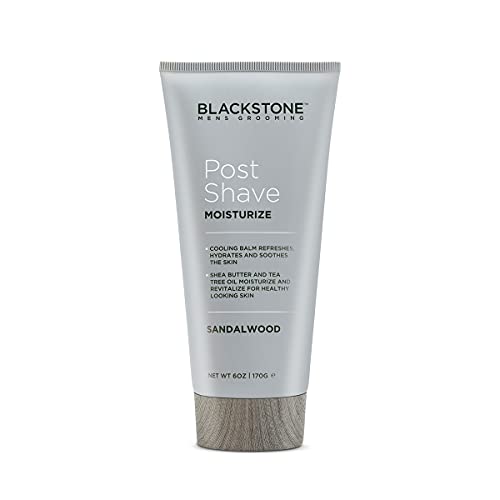 Blackstone Men’s Grooming Post Shave Moisturizer with Tea Tree Oil, Shea Butter, Vitamin E, & Aloe | Soothing Cooling Balm | Cruelty & Paraben Free | Made in USA | Sandalwood (6 oz)